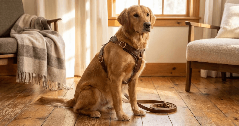 A Golden Retriever sitting on a wooden floor in a cozy living room wearing a premium brown leather dog harness with a matching leash coiled beside it.