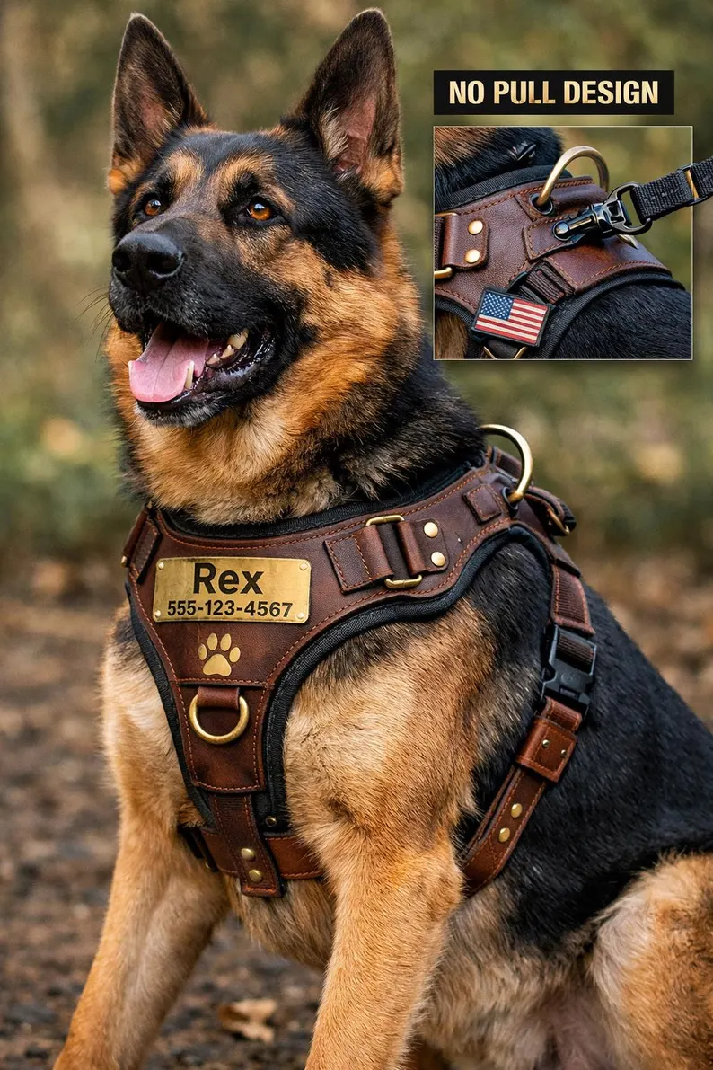 A large German Shepherd wearing a rugged, dark brown leather dog harness featuring a personalized brass nameplate and a "No Pull" front D-ring design. Inset shows a close-up of the heavy-duty back hardware and an American flag patch.