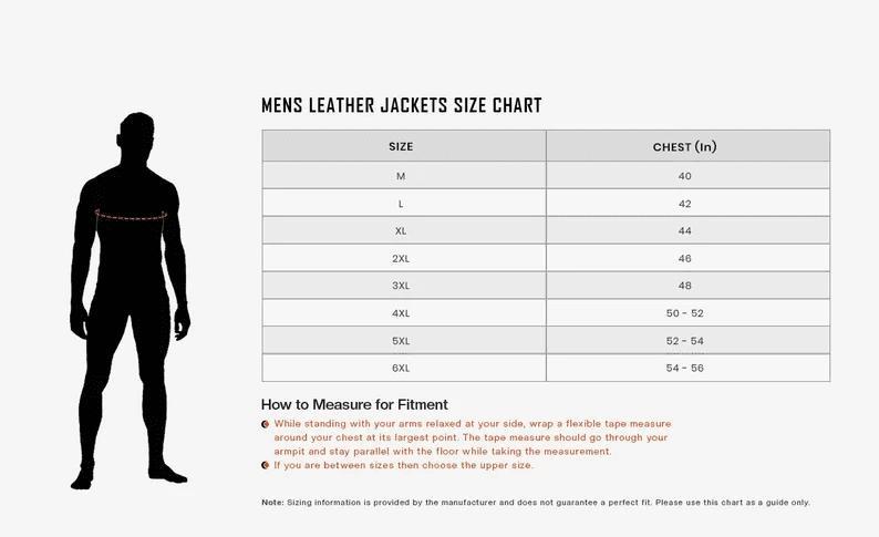 Comprehensive size chart for men&rsquo;s leather jackets ranging from size M to 6XL, including a diagram and instructions on how to measure chest circumference for the best fit.