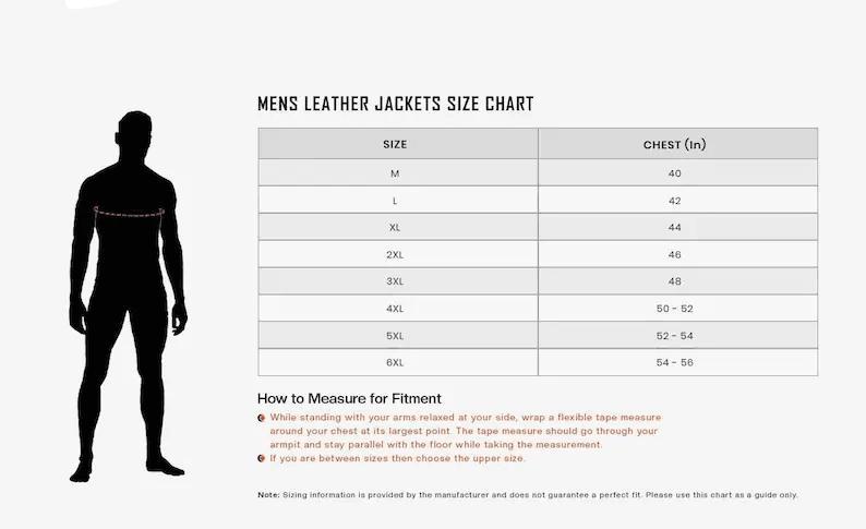 Men&rsquo;s leather jacket size chart showing chest measurements in inches from size Medium to 6XL, including a diagram on how to measure for fitment.