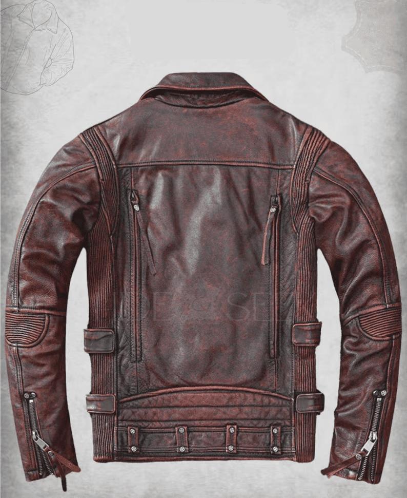The back view of the leather jacket highlighting vertical zippered vents, a quilted lower back panel, and ribbed accordion-style expansion joints on the sides for flexibility.