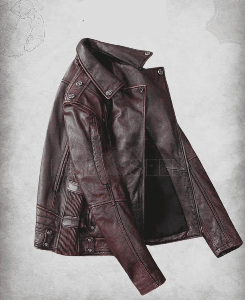 A side-profile view of the leather jacket draped naturally to show the sleeve construction, shoulder epaulets, and the depth of the distressed leather coloration.