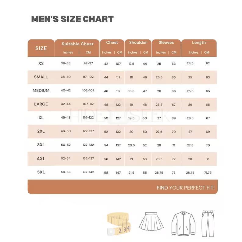 A comprehensive "Men's Size Chart" table listing measurements for sizes XS through 5XL, including suitable chest, shoulder, sleeve, and overall length in both inches and centimeters.