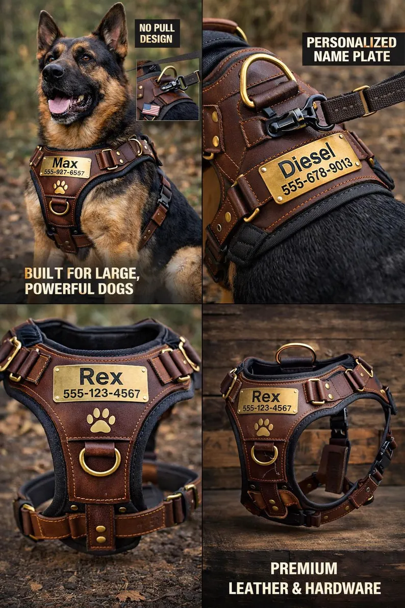 A collage of four images highlighting the features of a premium leather dog harness, including the personalized nameplate, high-quality brass D-rings for lead attachment, and the durable padded construction built for large, powerful dogs.