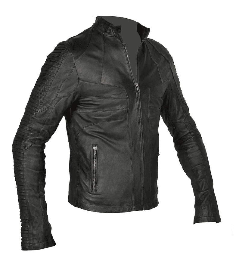 Lambskin Leather Jacket | Ribbed Black Leather Jacket A three-quarter front view of a black leather jacket displayed against a white background, showing its matte finish, stand-up cafe racer collar, and ribbed detailing on the shoulders and arms.