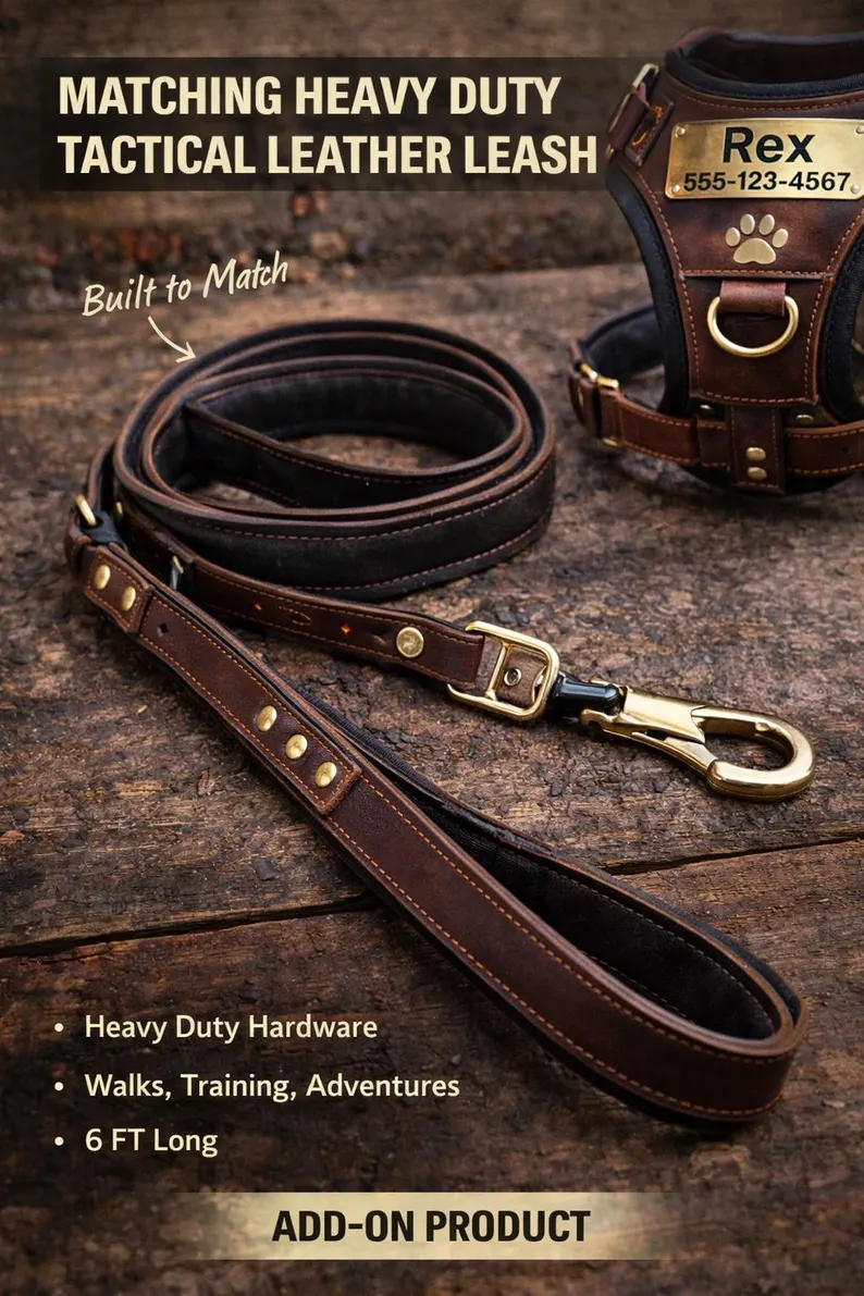 A 6-foot matching heavy-duty tactical leash made of dark brown leather with brass hardware, shown alongside the leather dog harness. The text indicates it is built for walks, training, and adventures.