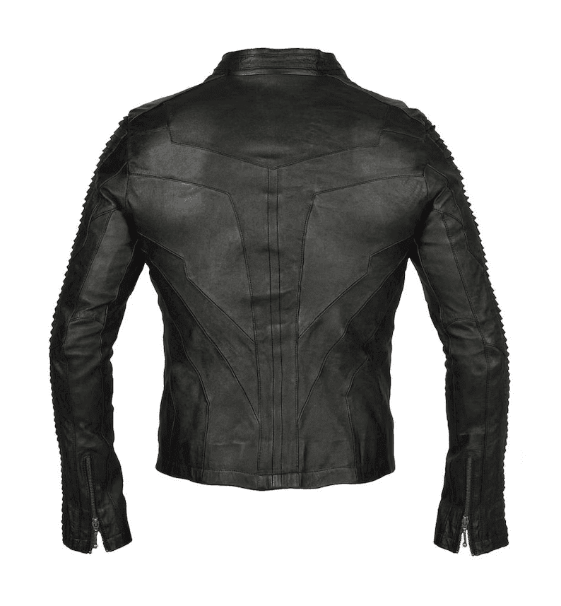 Lambskin Leather Jacket | Ribbed Black Leather Jacket A view of the back of a black leather jacket, showcasing intricate V-shaped panel stitching and contoured lines that create a structured, architectural look.