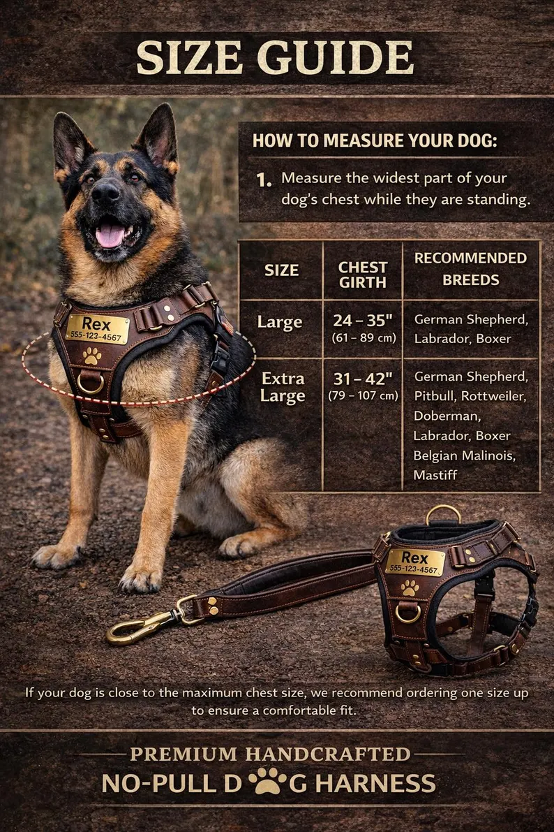 A detailed size guide for the leather dog harness, showing how to measure a dog