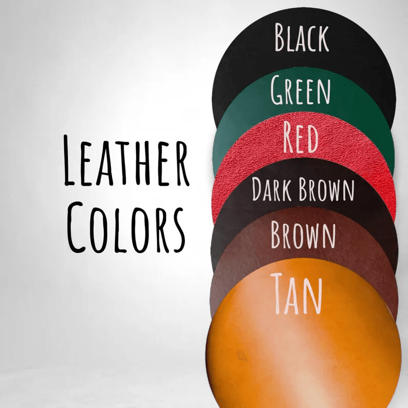 A graphic titled "Leather Colors" showing six circular swatches of available leather options: Black, Green, Red, Dark Brown, Brown, and Tan.