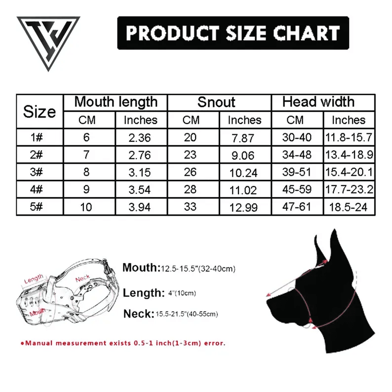 Leather Dog Muzzle | Fit for Medium Large Pets A comprehensive product size chart for the leather dog muzzle. The graphic includes a table with five sizes (1# to 5#) and measurements for mouth length, snout circumference, and head width in both centimeters and inches. A black-and-white diagram of a dog’s head illustrates exactly where to measure for the perfect fit.