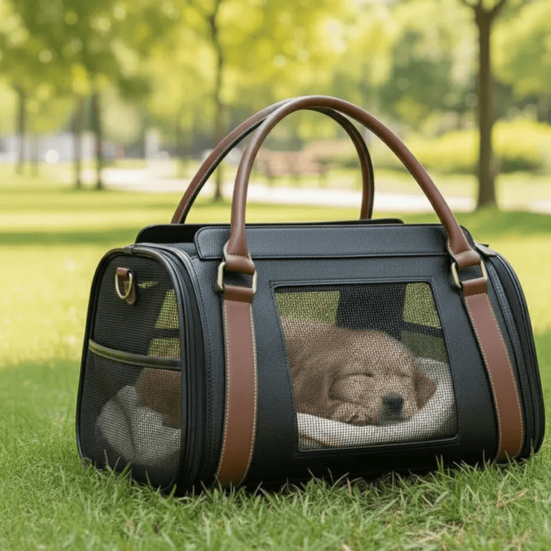 A luxury pet carry bag in black leather with tan brown straps sitting on green grass in a sunlit park, featuring a small golden puppy sleeping comfortably inside behind a mesh window.