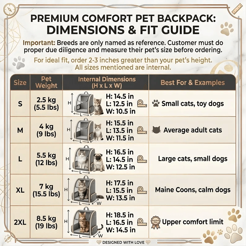 Pet Backpack Carrier | Genuine Leather A detailed size guide for the Premium Comfort Pet Backpack Carrier, featuring a table with internal dimensions, weight limits, and breed examples from size S to 2XL. The infographic includes small illustrations of cats and dogs to help owners visualize the scale.