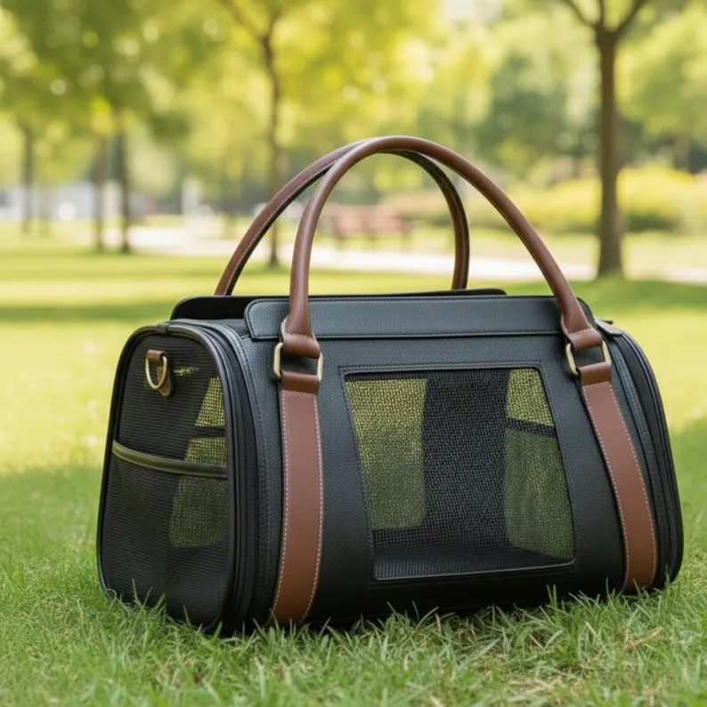 Luxury Pet Carry Bag | Structured Leather Pet Carrier Front view of the black leather luxury pet carry bag with tan accents and gold-toned hardware, showing the large breathable mesh ventilation window and sturdy rolled handles.