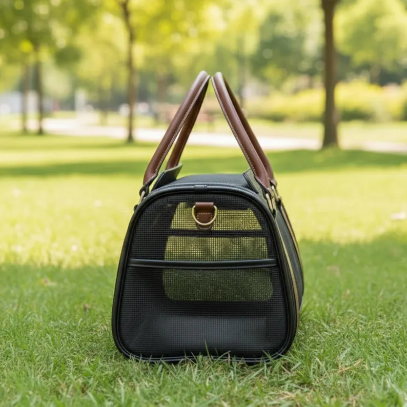 Luxury Pet Carry Bag | Structured Leather Pet Carrier Side profile of the luxury pet carry bag highlighting the arched silhouette, side mesh window for airflow, and a gold-toned D-ring for accessory attachments.