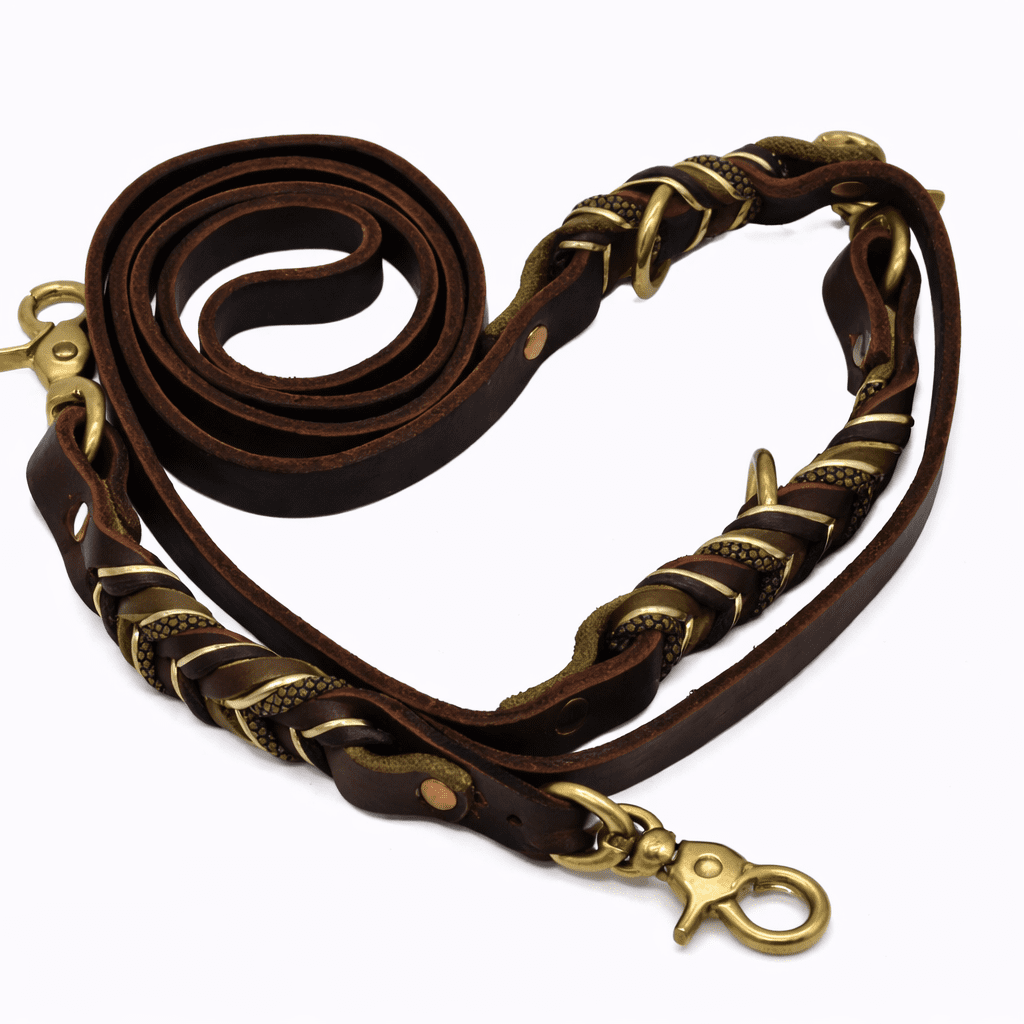 A premium multi-functional leather pet lead displayed on a white background. The design includes decorative braided sections, adjustable brass rings, and dual snap hooks for versatile handling.
