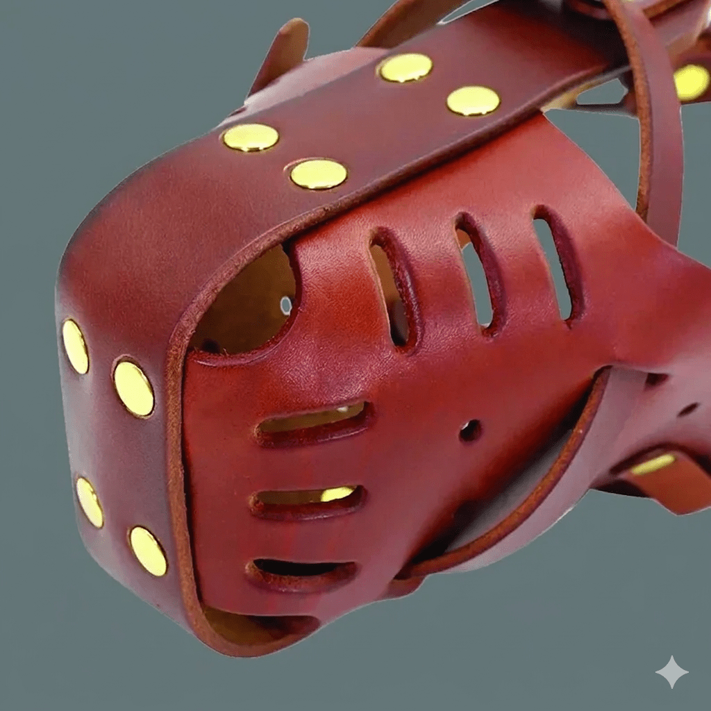 A close-up, angled view of the front of a deep reddish-brown leather dog muzzle. The image highlights the smooth, polished leather finish, circular ventilation holes, and vertical breathing slits secured with decorative gold-tone brass rivets.