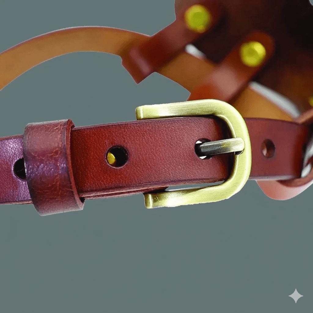 Extreme close-up of the adjustable strap on a leather dog muzzle. The focus is on the antique brass-finished metal buckle and the clean, punched holes in the thick leather strap, showcasing the durability of the fastening system.