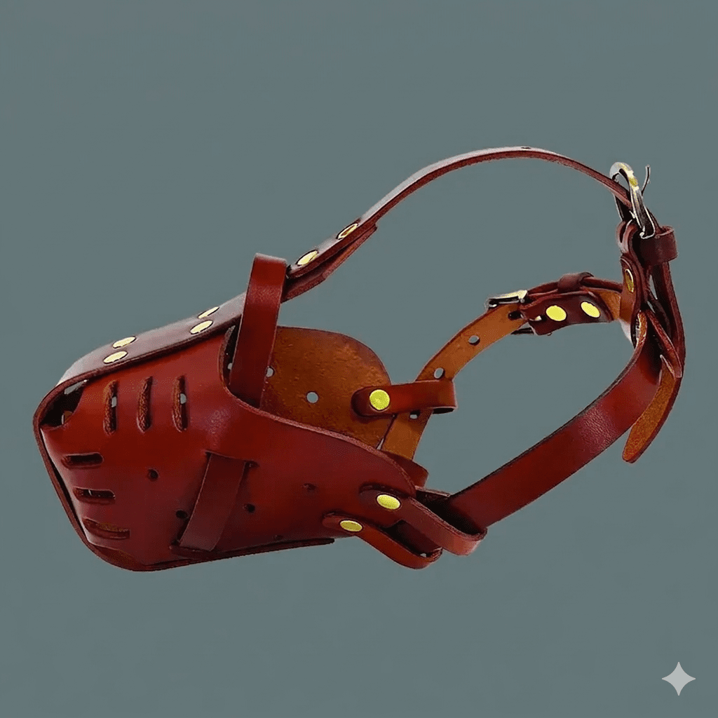 A full side-profile of the reddish-brown leather dog muzzle isolated against a grey background. The image shows the complete harness structure, including the snout cage, the overhead security strap, and the adjustable neck strap with metal hardware.