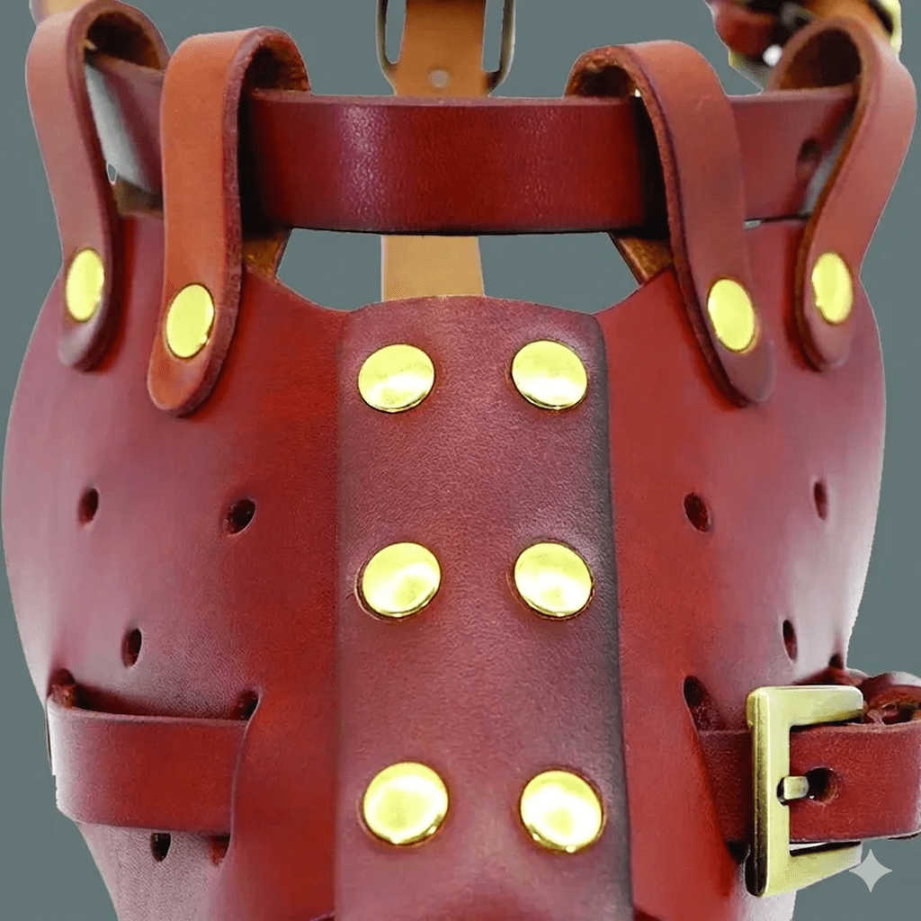 A top-down perspective of a leather dog muzzle showing the sturdy construction. The view features the wide bridge strap, multiple gold rivets for reinforcement, and a side buckle strap, emphasizing the high-quality craftsmanship and heavy-duty materials.