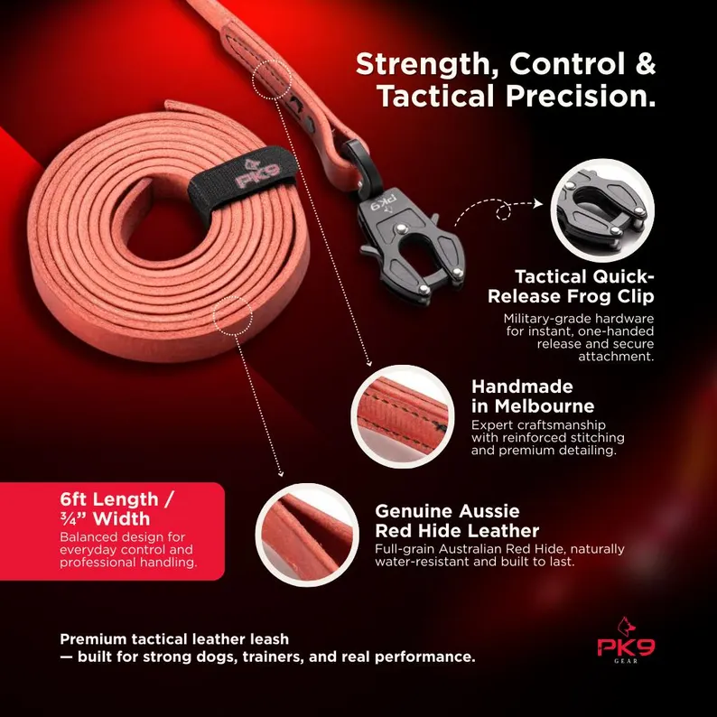 Leather Dog Leash | Aussie Red Hide with Quick-Release Frog Clip An infographic detailing the features of a tactical leather dog leash, highlighting the 6ft length, Australian red hide material, and the military-grade quick-release frog clip.