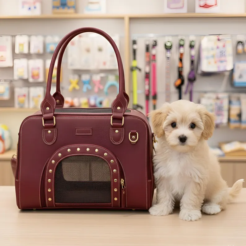 Leather Pet Carrier Bag | Airline Approved Foldable Cat Carrier A deep burgundy Leather Pet Carrier Bag with gold stud detailing sitting on a wooden table next to a small, fluffy cream-colored puppy in a pet boutique setting.