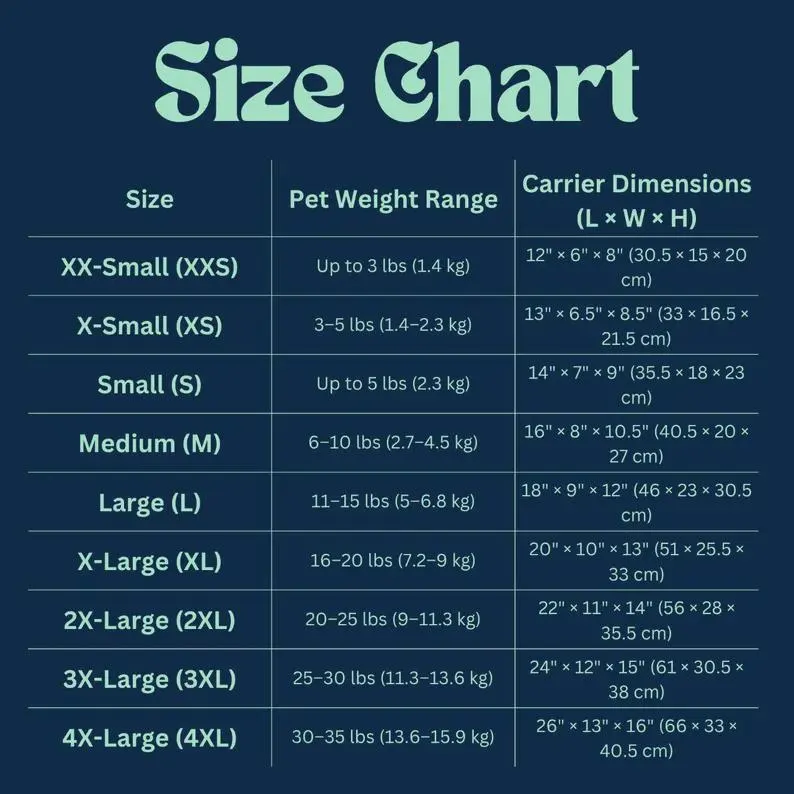 Leather Pet Carrier Bag | Airline Approved Foldable Cat Carrier Comprehensive size chart for a Leather Pet Carrier Bag detailing size categories from XX-Small to 4X-Large, including pet weight ranges and carrier dimensions in inches and centimeters.