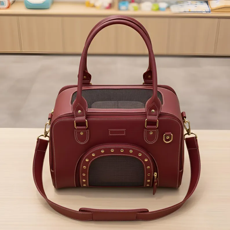 Leather Pet Carrier Bag | Airline Approved Foldable Cat Carrier Top-down front view of a luxury burgundy Leather Pet Carrier Bag showing the mesh ventilation window, gold-tone hardware, and an adjustable padded shoulder strap laid out on a light wooden surface.