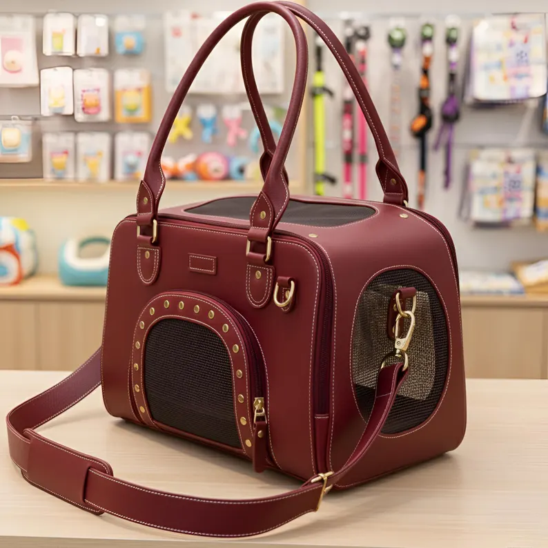 Leather Pet Carrier Bag | Airline Approved Foldable Cat Carrier Side perspective of a premium burgundy Leather Pet Carrier Bag highlighting the circular side mesh window, reinforced carry handles, and durable gold zipper accents.