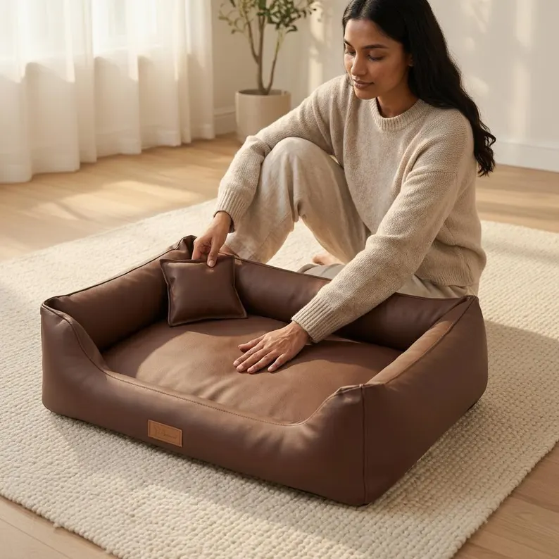Leather Dog Bed | Luxury Handmade Pet Sofa A woman sitting on a cream rug, demonstrating the soft texture and durable surface of a large brown leather dog bed by placing her hand on the orthopedic center cushion.
