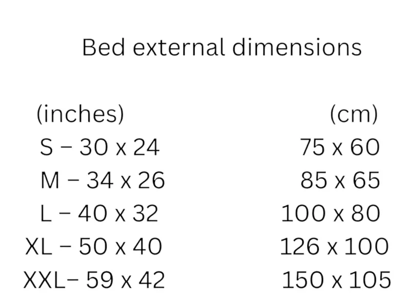 Leather Dog Bed | Luxury Handmade Pet Sofa A comprehensive size chart for the leather dog bed, listing external dimensions in both inches and centimeters for sizes Small, Medium, Large, XL, and XXL.