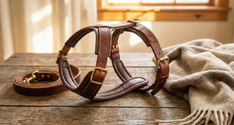 Dog Harness & Leash Set | Handcraft Leather Pet Harness A wide-angle shot of a handcrafted brown leather dog harness and matching coiled leash displayed on a rustic wooden table next to a soft wool blanket.