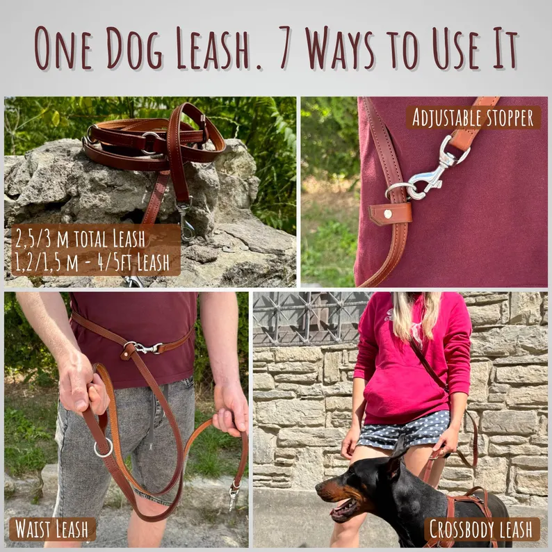 Multi Purpose Dog Leash | Dog Leash Leather 8 ft An instructional graphic showing four more ways to use the leash: a view of the total length versus the short lead, a close-up of the adjustable leather stopper, a waist leash configuration, and a woman walking a Doberman using the crossbody hands-free method.