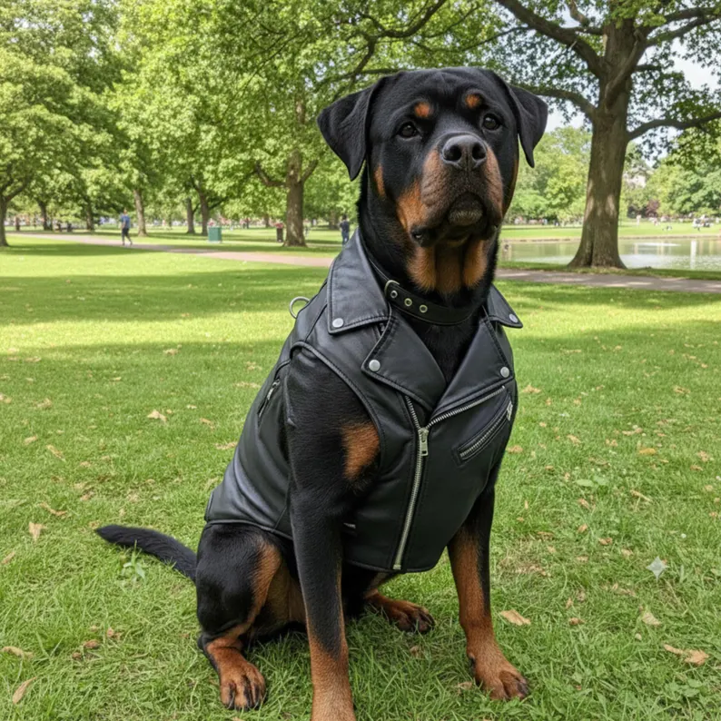 Leather Dog Jacket | Waterproof Canine Jacket A full-body shot of a large black and tan Rottweiler sitting on a green lawn in a park, wearing a stylish black leather biker-style dog vest with silver zippers and snaps.