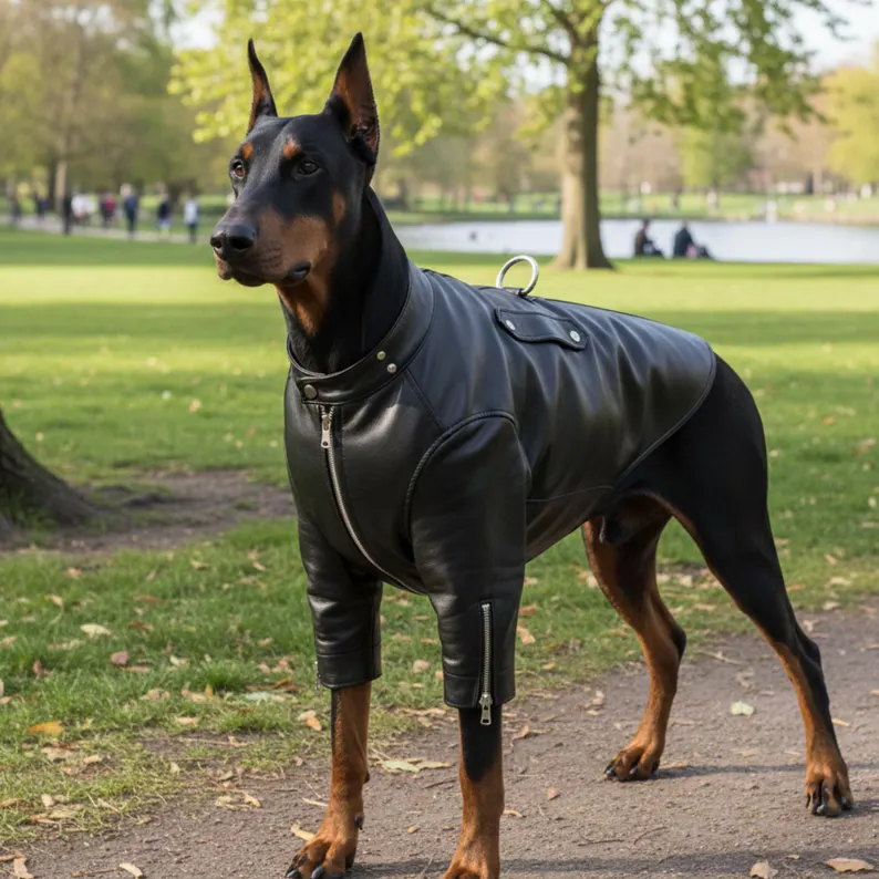 A sleek black Doberman standing in a park wearing a black genuine leather dog jacket with a front zipper and a silver leash D-ring on the back.