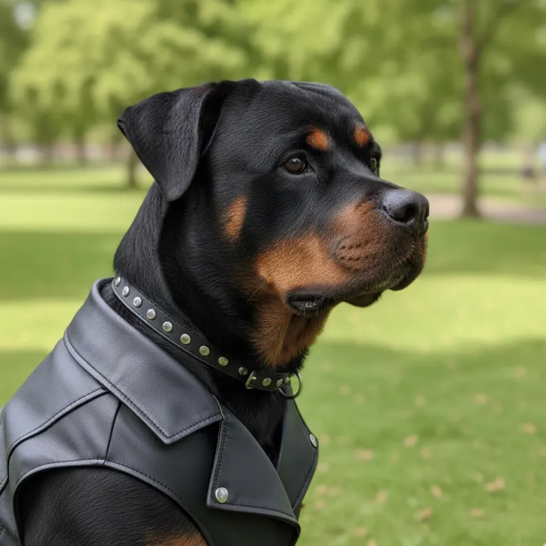 Leather Dog Jacket | Waterproof Canine Jacket close-up profile view of a Rottweiler’s head and chest, showcasing the detailed collar and lapel of a black leather pet jacket against a blurred park background.