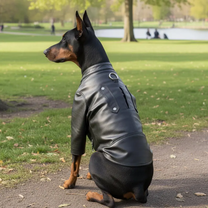 Side profile of a Doberman sitting on a path, showcasing the back design of the leather jacket, including the reinforced D-ring and decorative buttoned straps.