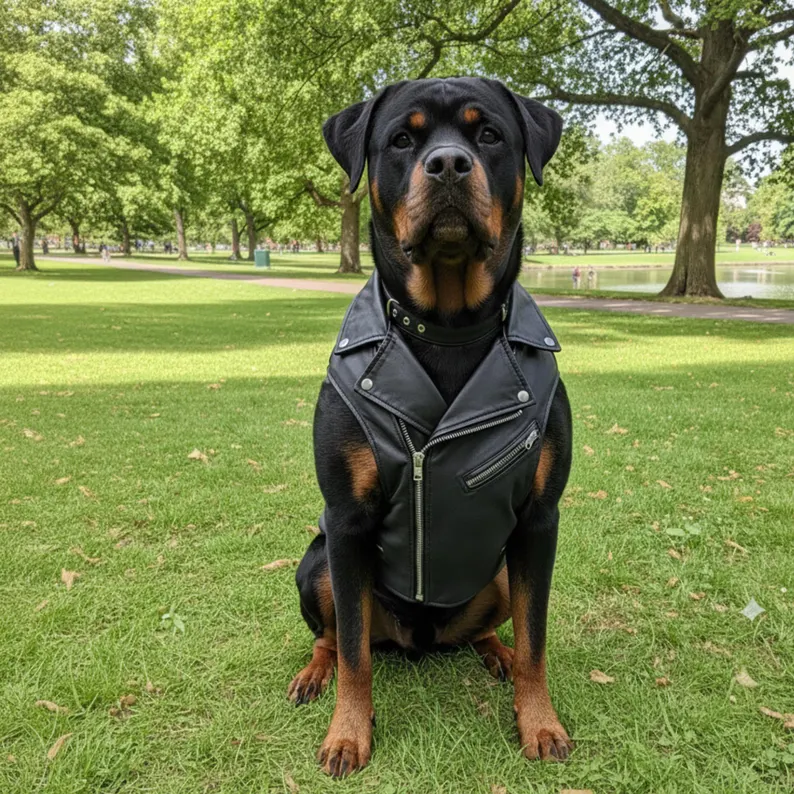 Leather Dog Jacket | Waterproof Canine Jacket A front-facing view of a Rottweiler sitting squarely on the grass, highlighting the symmetrical design, center zipper, and metallic button details of the black leather dog vest.