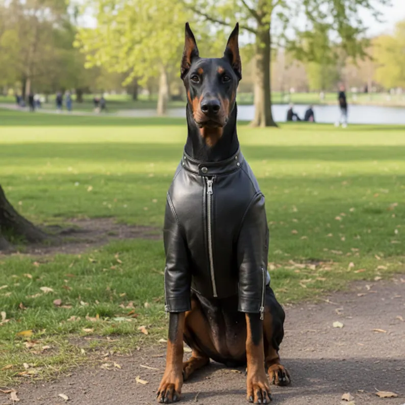 Front-facing view of a Doberman sitting, highlighting the central silver zipper closure and the tailored fit of the leather jacket