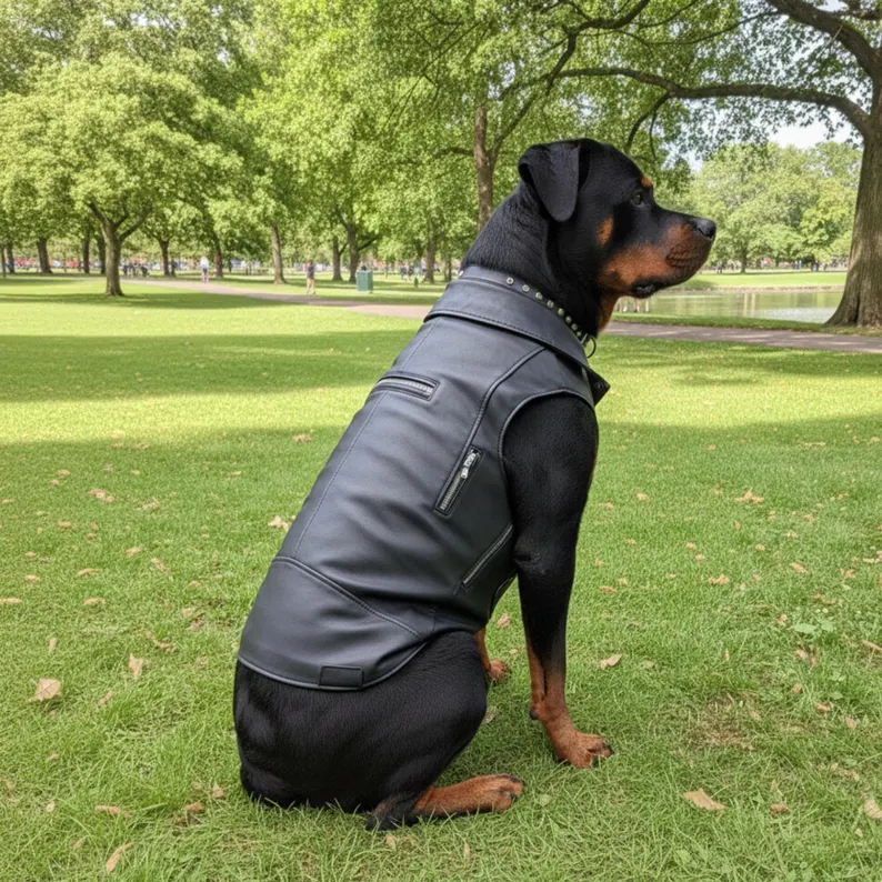 Leather Dog Jacket | Waterproof Canine Jacket A side-view of a dog wearing a black leather jacket, showing the length of the garment along the back and the functional side zipper pocket.