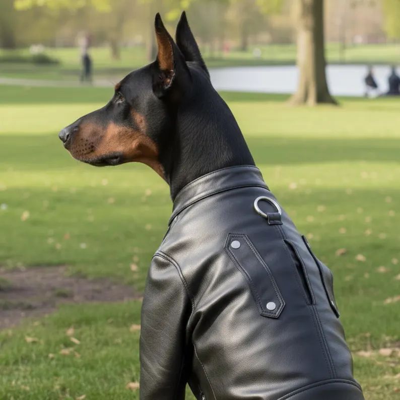 Close-up side view of a black leather dog coat focusing on the high-quality stitching, silver hardware, and the integrated harness attachment point.