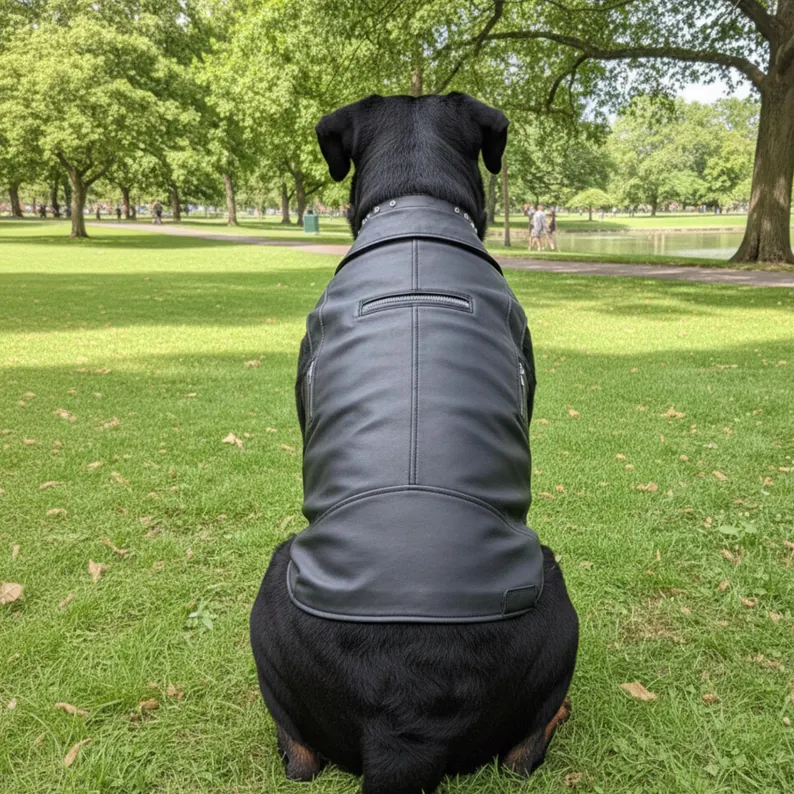 Leather Dog Jacket | Waterproof Canine Jacket A rear-view of a dog sitting on the grass, illustrating the back coverage of the leather vest and the horizontal zipper detail across the upper back.