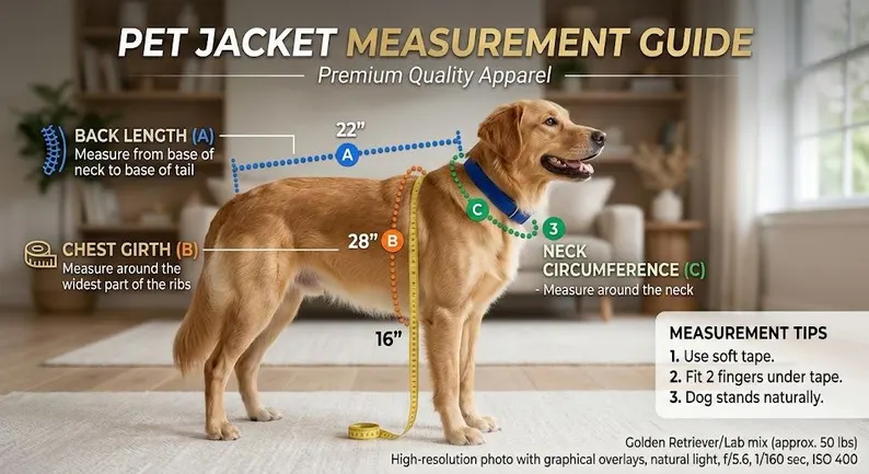 A pet jacket measurement guide featuring a Golden Retriever with graphical overlays showing how to measure back length (A), chest girth (B), and neck circumference (C).
