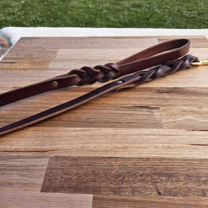 Close-up profile of a Latigo leather dog leash featuring a braided handle and a secondary braid near the clip, emphasizing the thickness of the leather and the brass rivet reinforcement.