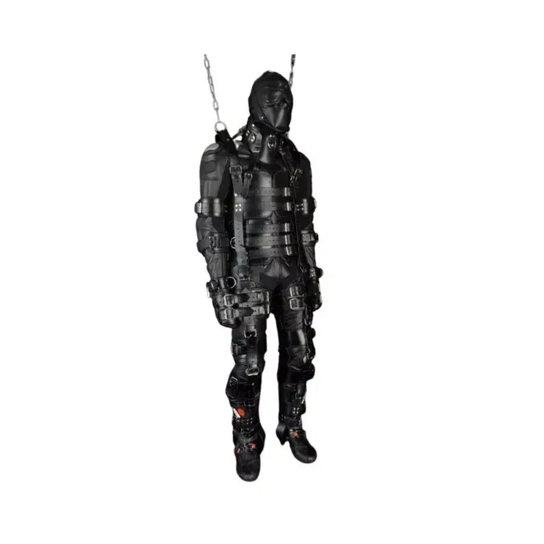 Leather BDSM Suspension Harness | Full Body Bondage Gear A full-length view of a person wearing a complex, matte black genuine leather tactical suit from Faree Leather, featuring an intricate network of adjustable buckle straps across the torso and legs, a full-head leather hood with eye covers, and integrated boots.