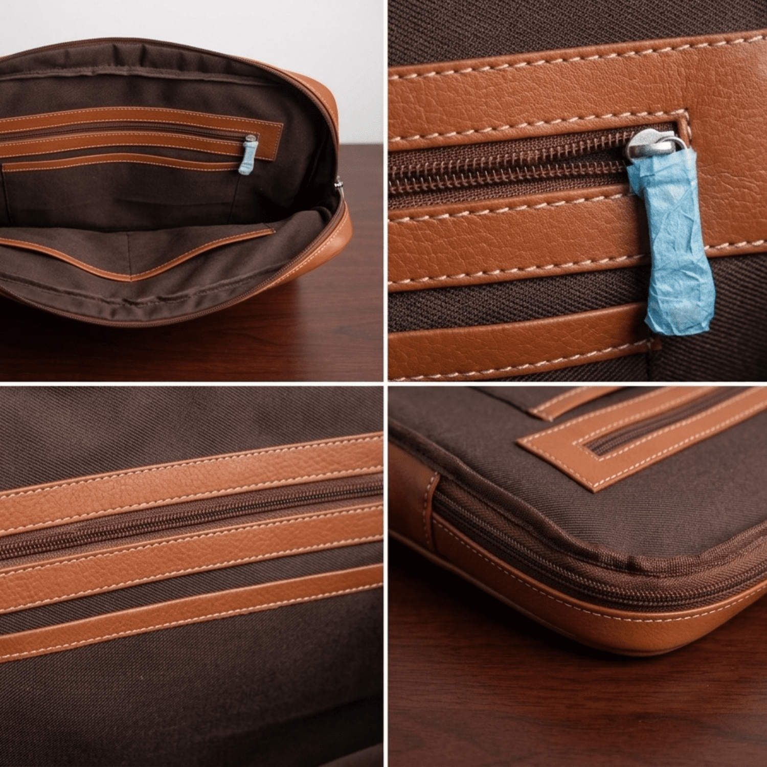 Handmade Leather Laptop Bag | Full Grain Leather Laptop Briefcase A four-panel collage showing interior details of the bag. It displays the dark brown fabric lining, internal zippered compartments, and close-ups of the stitching and zipper pulls protected by blue wrap.