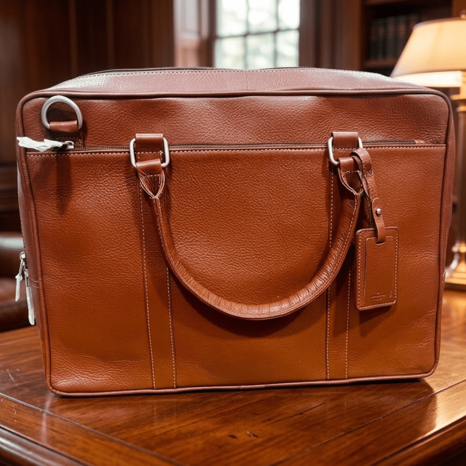 Handmade Leather Laptop Bag | Full Grain Leather Laptop Briefcase A front view of the leather briefcase highlighting its textured grain and silver-tone hardware. A rectangular leather luggage tag is attached to the right handle, and the bag sits in a well-lit library setting.