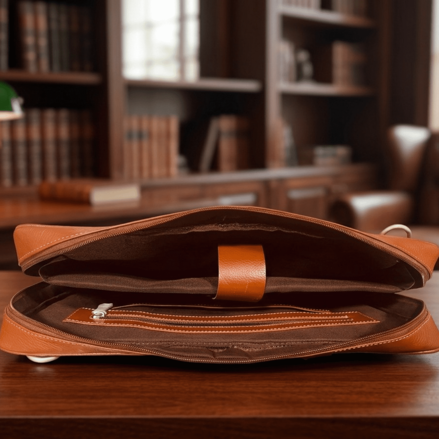 Handmade Leather Laptop Bag | Full Grain Leather Laptop Briefcase An open-top view of the briefcase looking into the main compartment. It reveals a dedicated padded sleeve with a leather velcro security strap for a laptop and a separate zippered internal pocket.