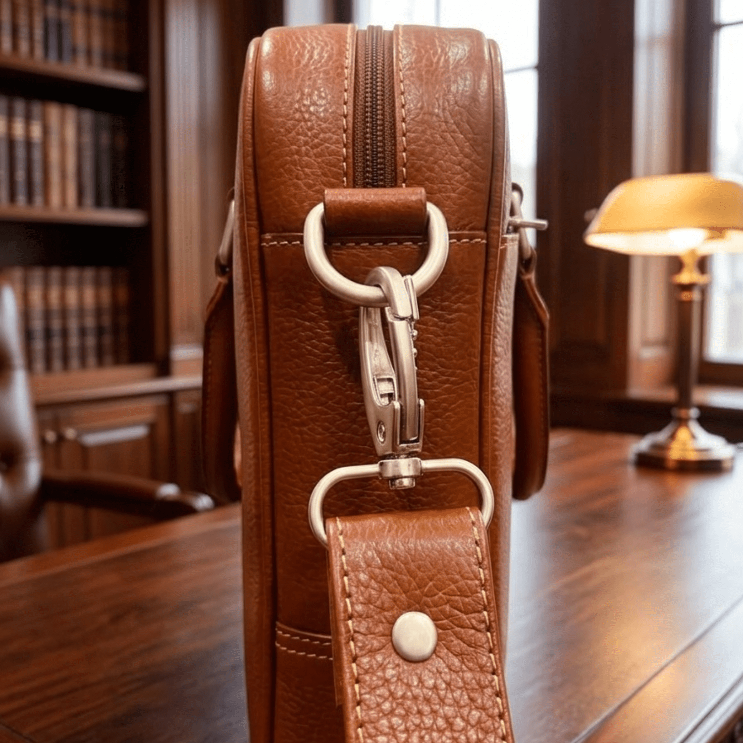 Handmade Leather Laptop Bag | Full Grain Leather Laptop Briefcase A close-up, side profile shot of a cognac leather briefcase focusing on the reinforced metal D-ring and swivel snap hook attachment for the shoulder strap. The background shows a blurred professional study with a lit desk lamp and bookshelves.