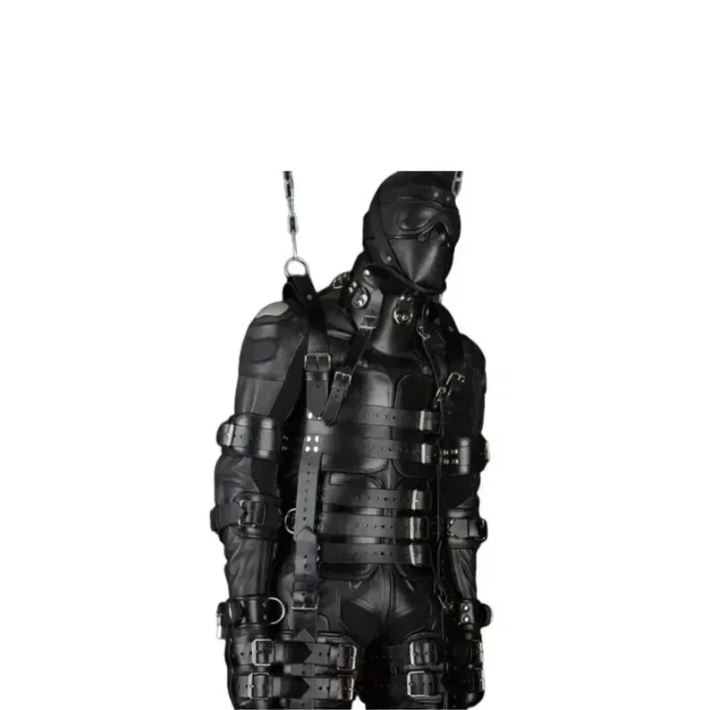 Leather BDSM Suspension Harness | Full Body Bondage Gear A three-quarter profile view of the Faree Leather ensemble, showcasing the profile of the leather hood and the vertical suspension straps that run the length of the body, punctuated by numerous steel adjustment points.