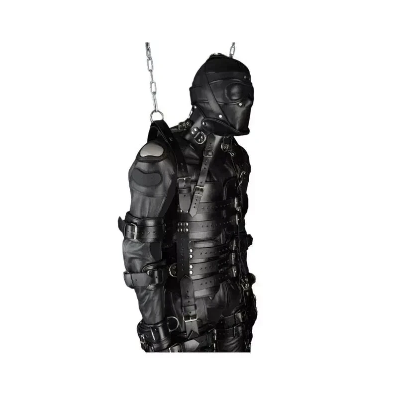 Leather BDSM Suspension Harness | Full Body Bondage Gear A medium close-up shot focusing on the upper body of the Faree Leather suit, highlighting the dense arrangement of horizontal leather straps and polished metal buckles that reinforce the chest and midsection.